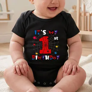 It's My First Birthday Spiderman Print Bodysuit Baby Rompers Short Sleeve Cotton Toddler Rompers Graphic Print Baby Clothes One-Piece Outfit
