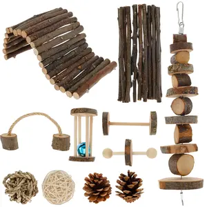 Hamster Toys Set Natural Wood Guinea Pig Toys Teeth Caring Hamster Chewing Toy Fun Hamster Toys Hamster Cage Toy Accessories 11 Different Toys for Rabbit Guinea Pig Gerbils