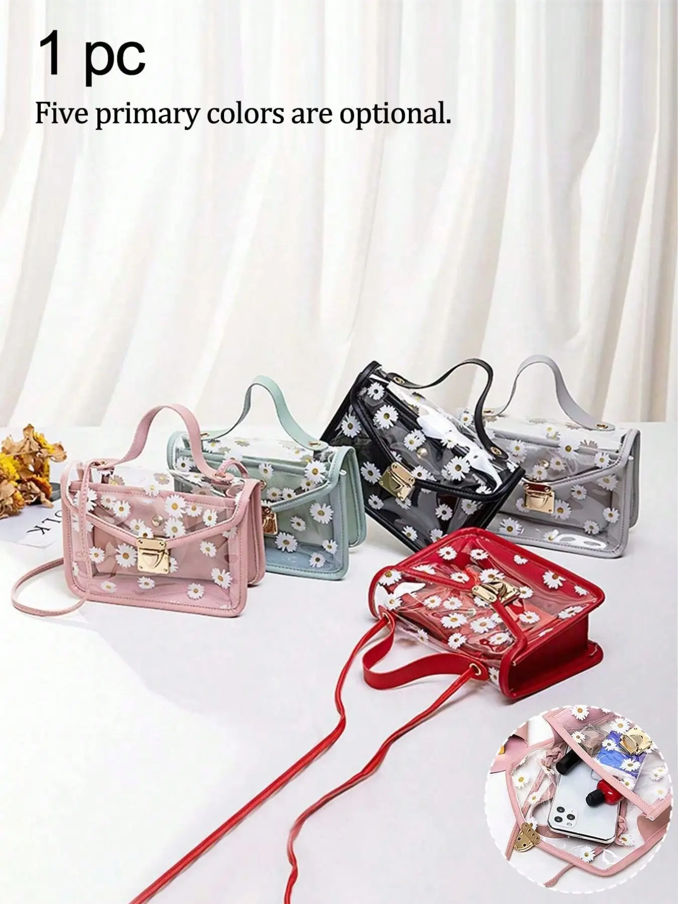 Cute Daisy Transparent PVC Clear Purse Mini Bag, Waterproof Multi-Color Shoulder Bag, School Commuter Lunch Date Bag, Perfect Gift for Birthday & More, Crossbody Handbag, Floral Shoulder Bag