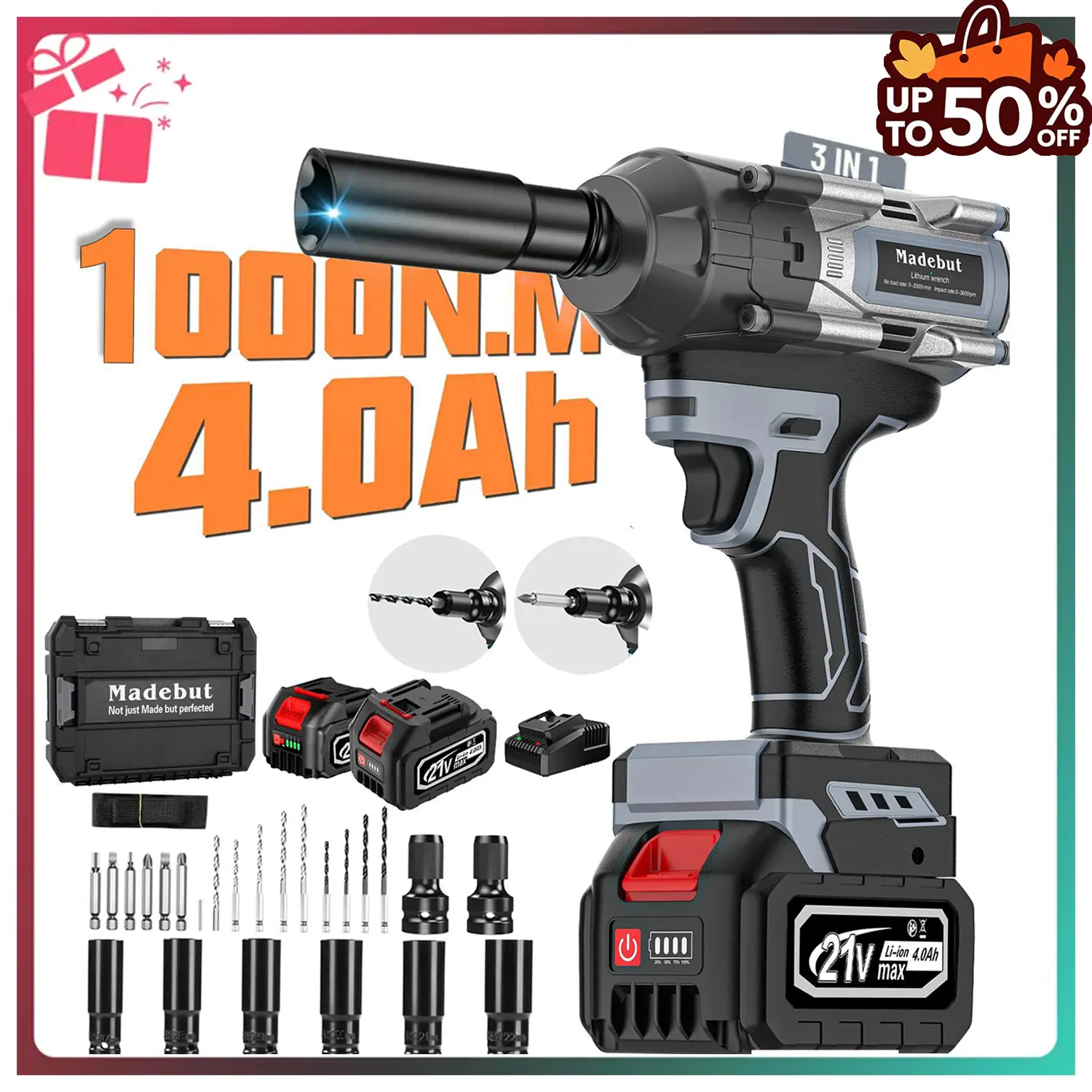 1000N.m Cordless Impact Wrench, Madebut, All-Metal Cordless Impact Gun with 2 * 4.0Mah, 3-IN-1 Electric Impact Wrench with 5 Sleeves Brushless Drill Drill Attachment ,impact drill, impact gun,  impact driver