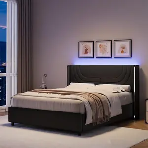 [April Restock] Bed Frame with LED Lights and Headboard, Silver Wingback, No Box Spring Needed, Easy Assembly