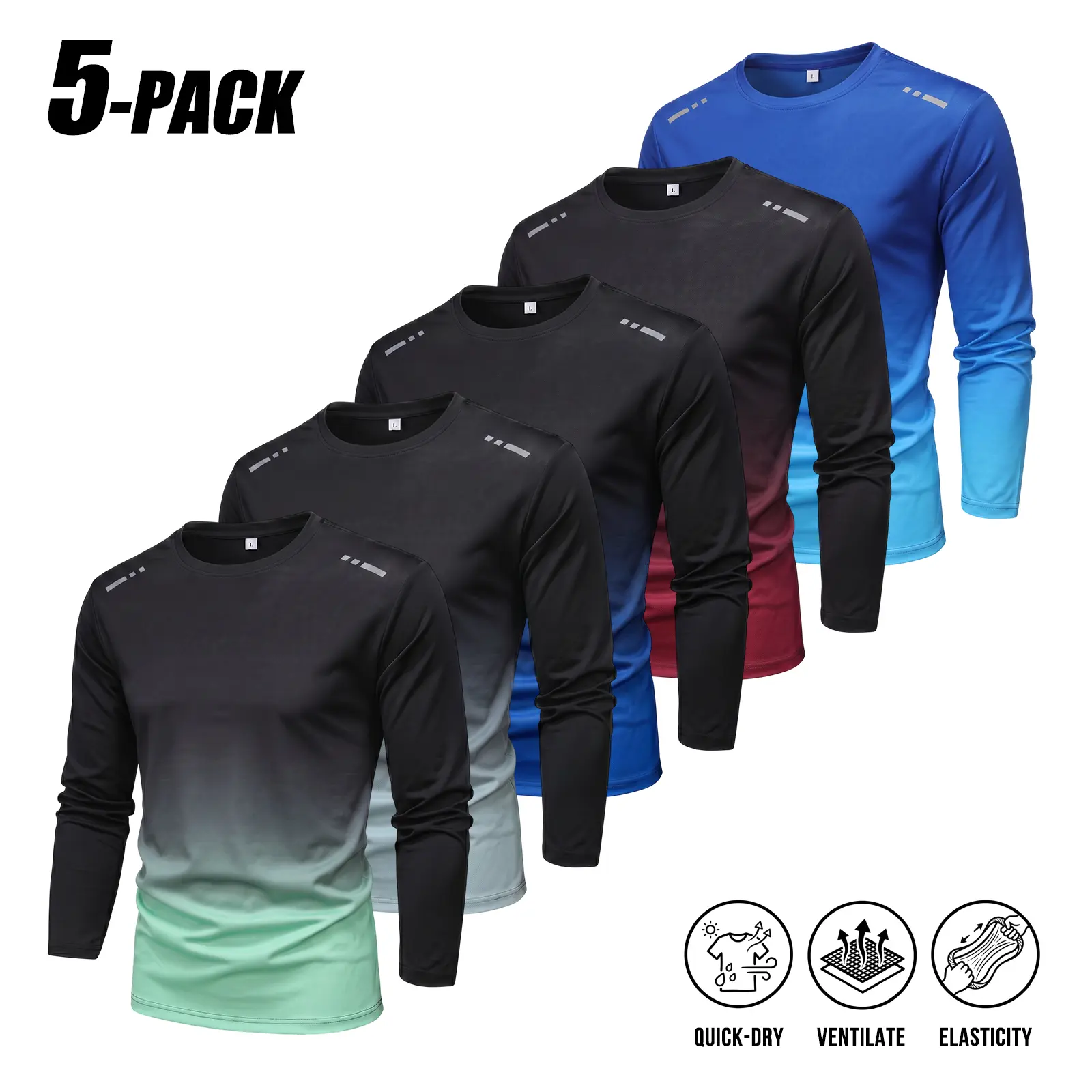 5-PACK Men's Gradient Long Sleeve Athletic Shirts, Quick Dry Ventilated Elastic Fabric, Crew Neck Performance Active Tops, Clean Fit Minimal Urban Active Streetwear Shirts For Running Gym Training Outdoor Sports Daily Outfit Value Pack