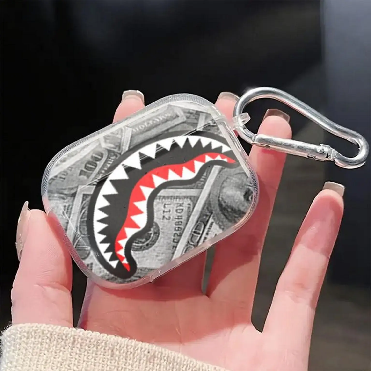Shark Mouth Money Airpods Case Streetwear Aesthetic Hypebeast Earbud Cover for AirPods Pro 2 1 AirPods 4 3 2 Protective Silicone Case Shockproof Cool Shark Teeth Cash Design Earphone Shell Skin Birthday Gift for Men Teens