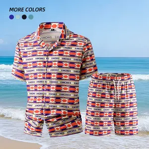 Men's Short Sleeve Two Piece Set, Geometric Print Loose Casual Wear, Suitable for Summer Vacation Beach Home Fashion Men's Casual Clothing Menswear