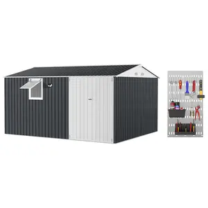 10x12 FT Shed Outdoor Storage Shed with Pegboard & Solar Motion Sensor Light, Heavy-Duty Tool Metal Shed with Sloping Roof & Lockable Double Doors for Backyard, Patio, Lawn