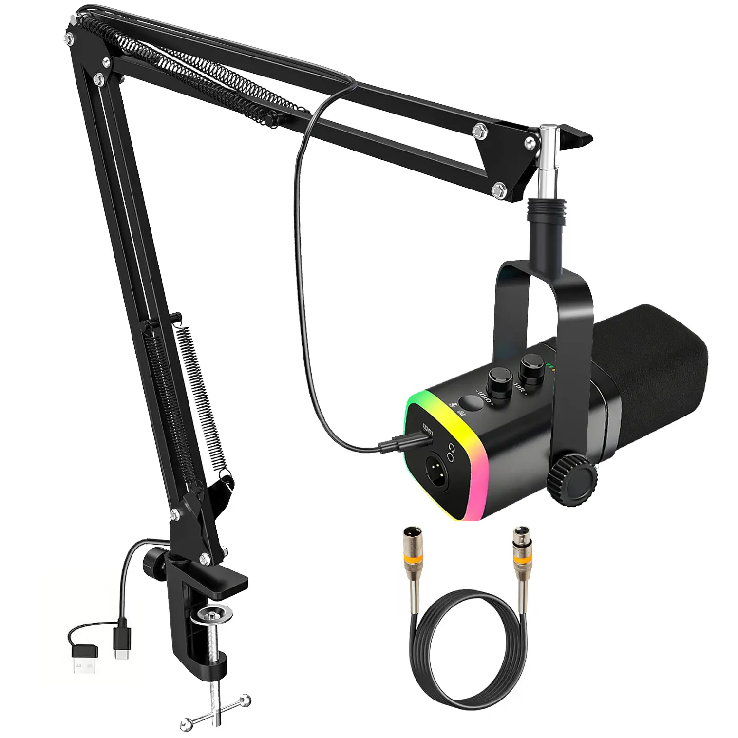 XLR/USB Gaming Microphone Kit: Dynamic PC Mic for Streaming Podcasting, Live Podcast Equipment, Live Broadcasting Equipment, Software Support, Mute Button, Gain Control, RGB Computer Mic with Boom Arm Stand, for Wired Recording
