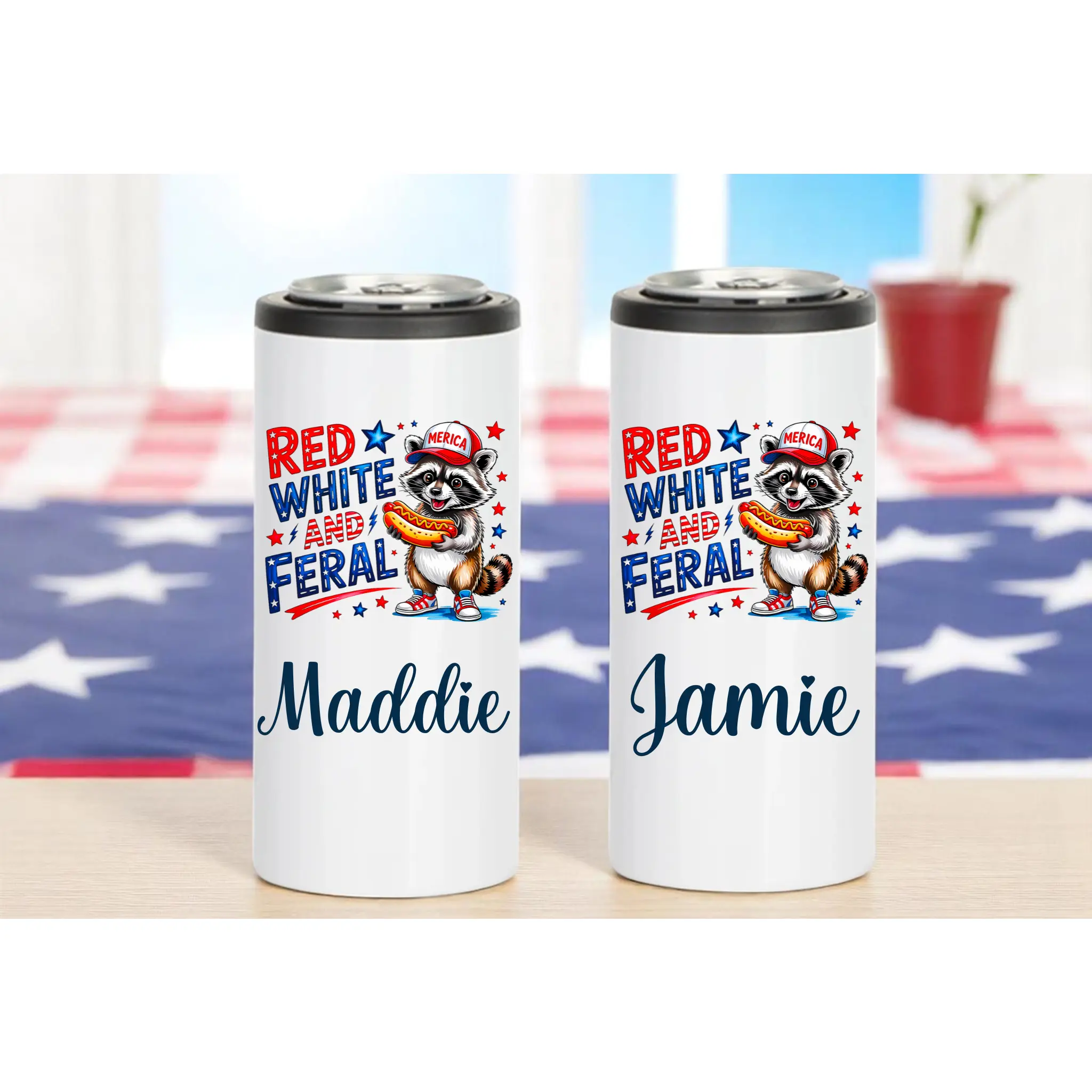 Patriotic Skinny Can Cooler – “Born Free but Now Expensive” – Custom Name Option