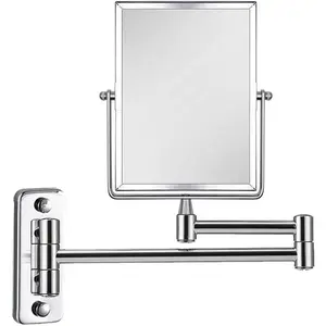 3X Magnifying Wall Mounted Vanity Makeup Mirror | Rectangular 8x6 Inch with Extendable Arm | Polished Chrome Finish Double-Sided Swivel Mirror