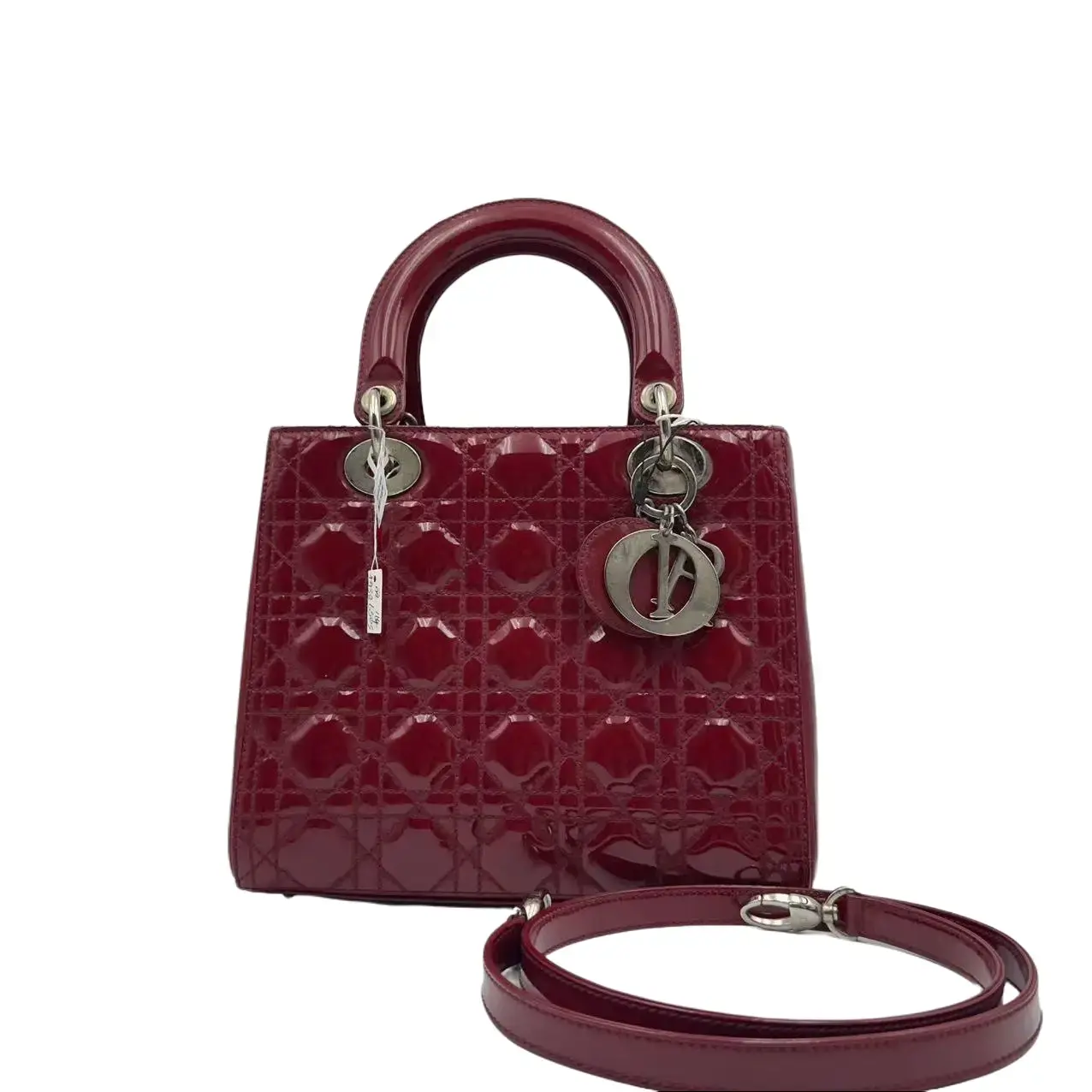 Pre-owned Dior FRANCE Crossbody Bags H1 Lady medium size Daifei bag five grid wine red patent leather silver buckle H16801