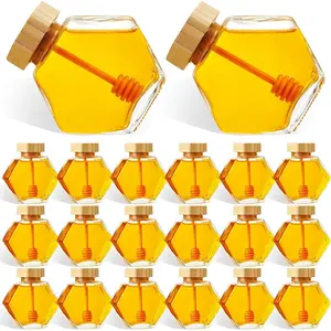 20 count Glass Honey Jars with Dipper Hexagonal Clear Glass Dispenser Small Honey Containers Bottle with Wooden Dipper and Cork Lid for  Storage Kitchen (220 ml)