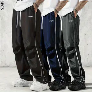 Men’s Fashion Casual 3-Piece Set – Trendy Street Style Joggers with Side Stripes and Drawstring Waistband Baggy Wide Leg Sweatpants
