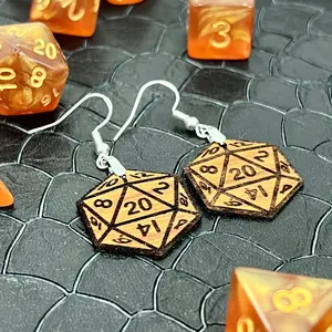 D20 DICE Walnut Earrings Silver S925 clamp style hooks- D & D inspired Walnut Earrings