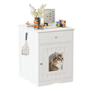 Wooden Hidden Litter Box Enclosure with Front Access - Wood Frame Cabinet with Drawer, Odor Control Multi-Use Furniture, Cat House End Table (Fits Most Litter Boxes, White)