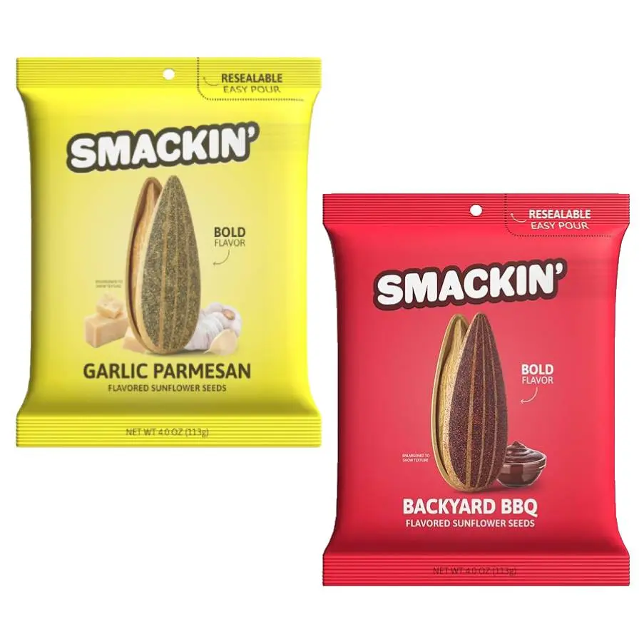 SMACKIN' Jumbo Roasted Sunflower Seeds Duo Pack - Garlic Parmesan & Backyard BBQ Flavors - Low Sodium Handcrafted American Made 4oz Bags