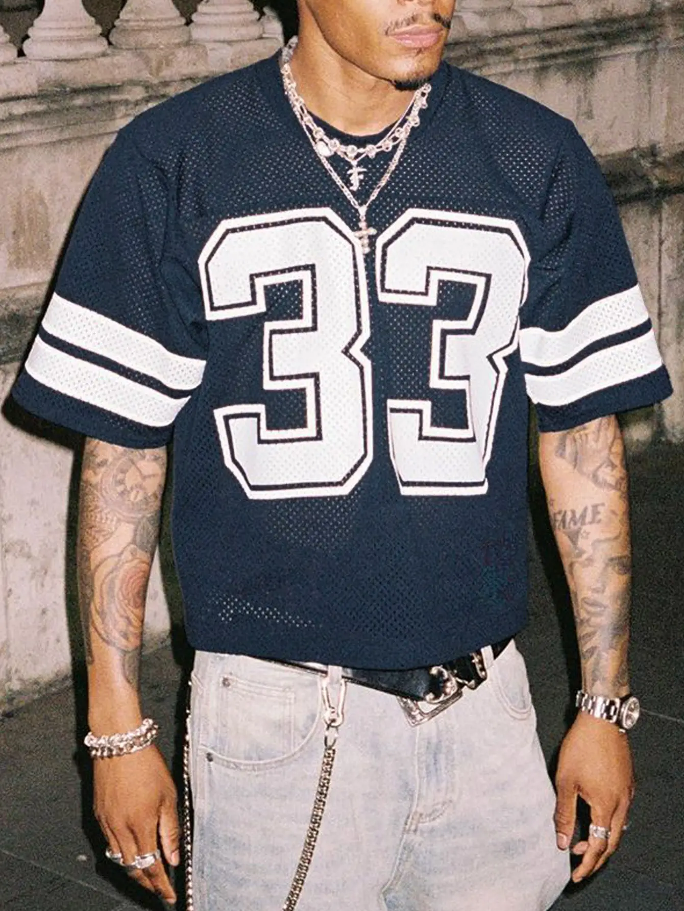 Jersey Shirts Mesh Number Graphic Crew Neck Short Sleeve Streetwear Tee Loose Tops