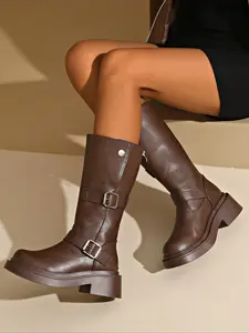 Women's Mid-Calf Round Toe Boots, PU Leather & Rubber Sole, Casual Fashion Shoes for All Seasons, Comfortable Sock Booties