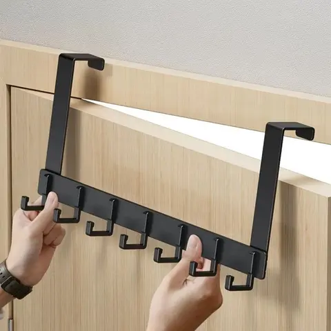 Black 5-Hook Aluminium Over-the-Door Hanger - Single Unit Drill-Free Home Organizer, Anti-Rattle Rounded Edge Safe Compact Decor Accessory, Easy Installation for Small Spaces, Stable Storage for Keys Towels, Nursing Supply