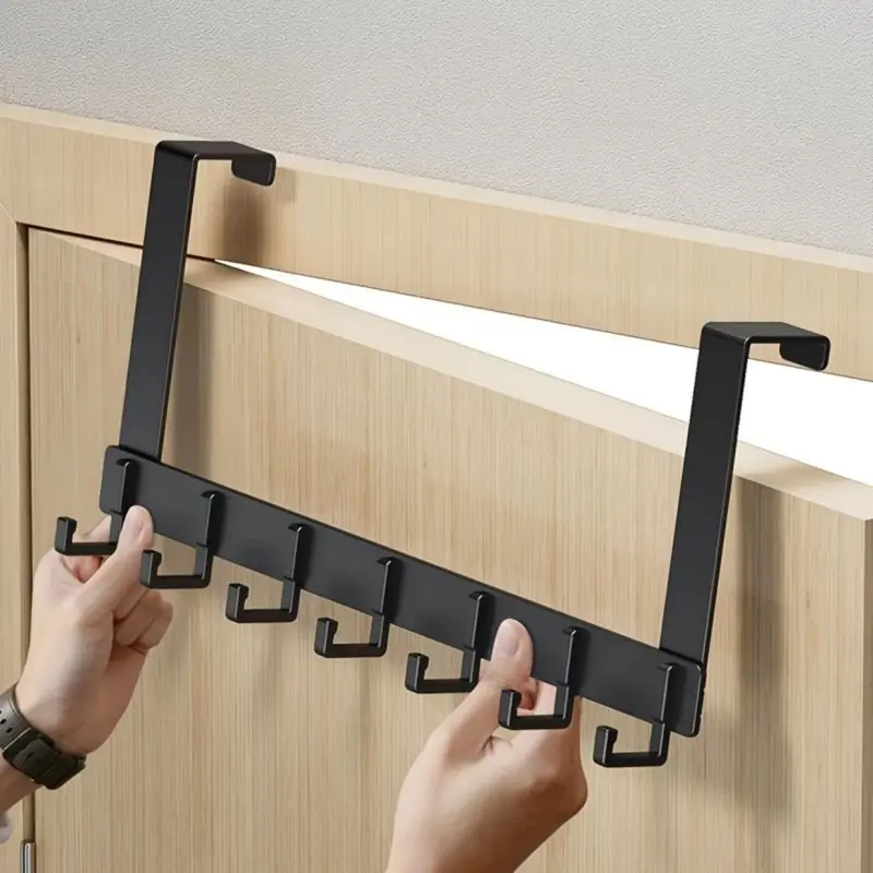 Black 5-Hook Aluminium Over-the-Door Hanger - Single Unit Drill-Free Home Organizer, Anti-Rattle Rounded Edge Safe Compact Decor Accessory, Easy Installation for Small Spaces, Stable Storage for Keys Towels, Nursing Supply