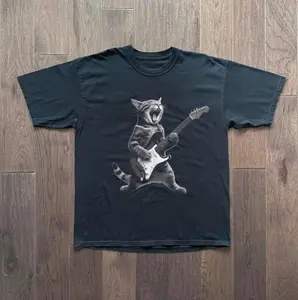Rock Cat Playing Guitar T-Shirt, Funny Guitar Cat Tee, Unisex Graphic Tees Gothic Grunge Y2k Emo Scene Amity Affliction Style Clothes Men Women Streetwear