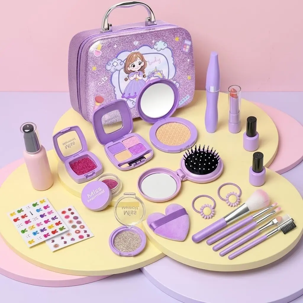 Kids Makeup Kit Toy, Pretend Play Cosmetic Set with Princess Makeup Box, Fake Lipstick Eyeshadow Nail Polish Beauty Dress Up Game, Ideal Christmas Birthday Easter Gift for Girls Role Play Fashion Party Favors, Kid Playset