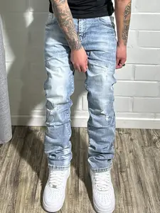Men's Straight Leg Jeans Casual Washed Scratch Trendy Fashion Simple Long Pants Vintage Denim, Loose Fit, All Seasons
