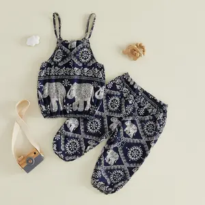 Two piece Bohemian style clothing with elephant print suitable for baby girls - vest and lantern pants, summer set for children (2-7 years old)