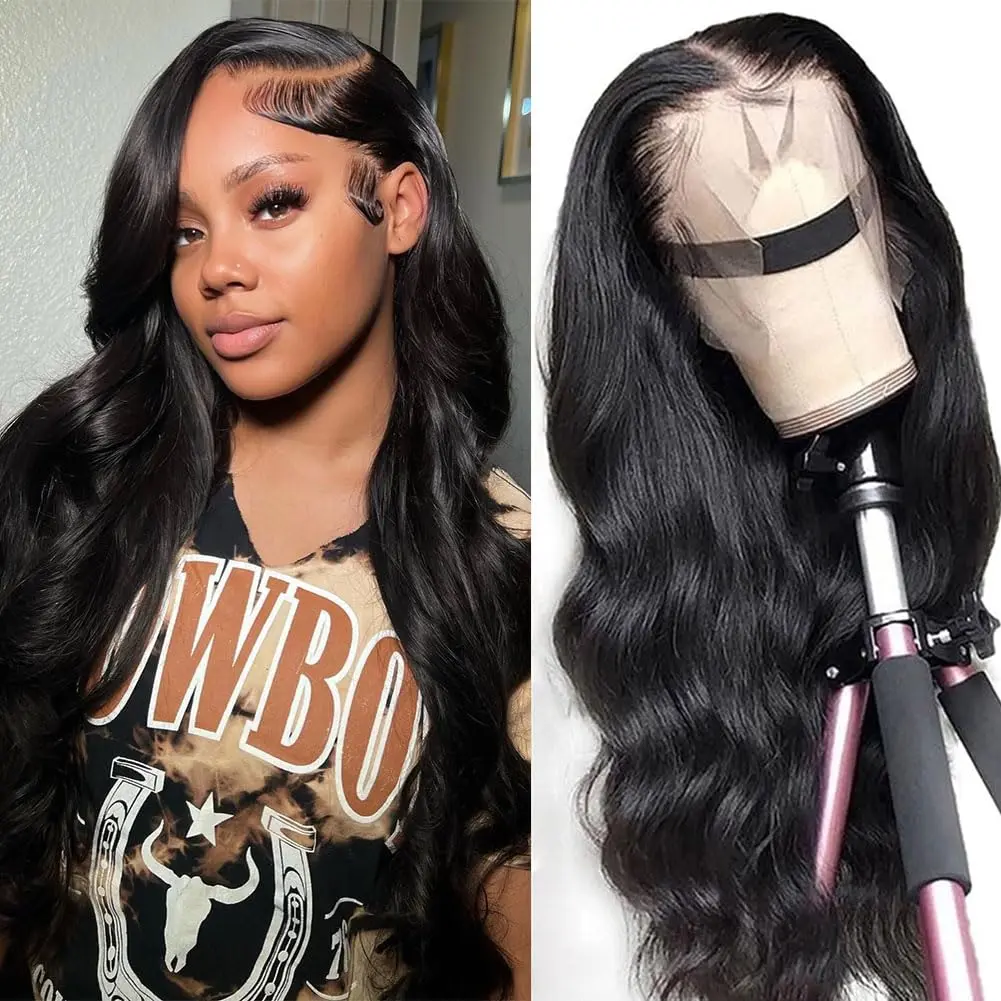 Mylockme Hair 13x4 Body Wave Lace Front Wigs Human Hair Pre Plucked HD Transparent 13x6 Lace Frontal Wig 180% Density Brazilian Virgin Human Hair Lace Front Wigs for Women Natural Black Color