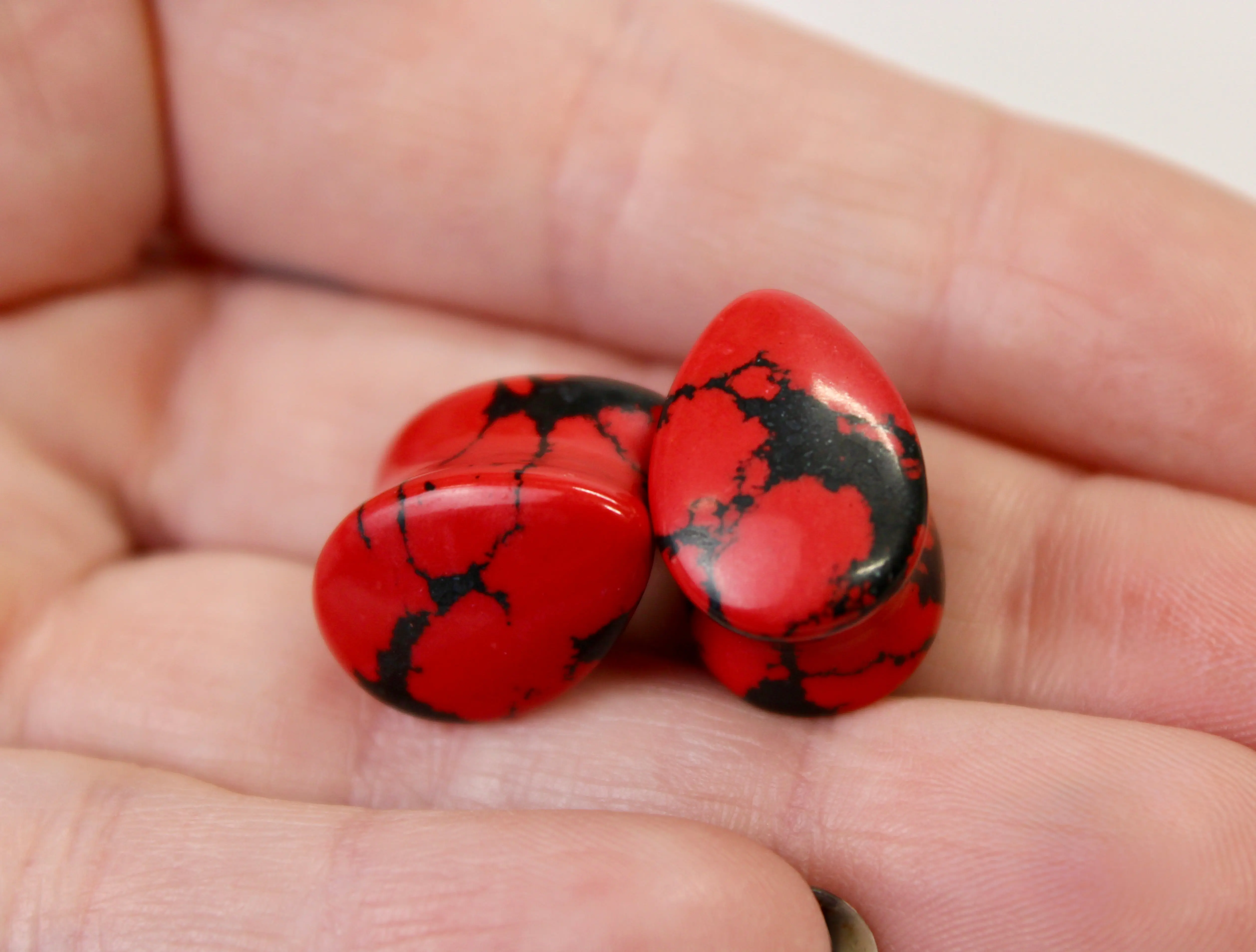 Red and Black Howlite Teardrop Plugs - Fashionable Accessories, Statement Teardrop Dangle Earrings Set, Gemstone Piercing Jewelry for Body Enthusiasts, Available in Multiple Sizes
