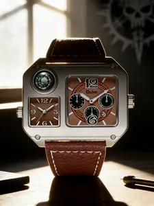 American Retro Amekaji Dual Time Zone Watch, Square Stainless Steel Case & Compass, Dual Independent Dial Design, Brown Lychee Pattern Leather Strap, Exclusive Accessory for Workwear Outfit Atmosphere