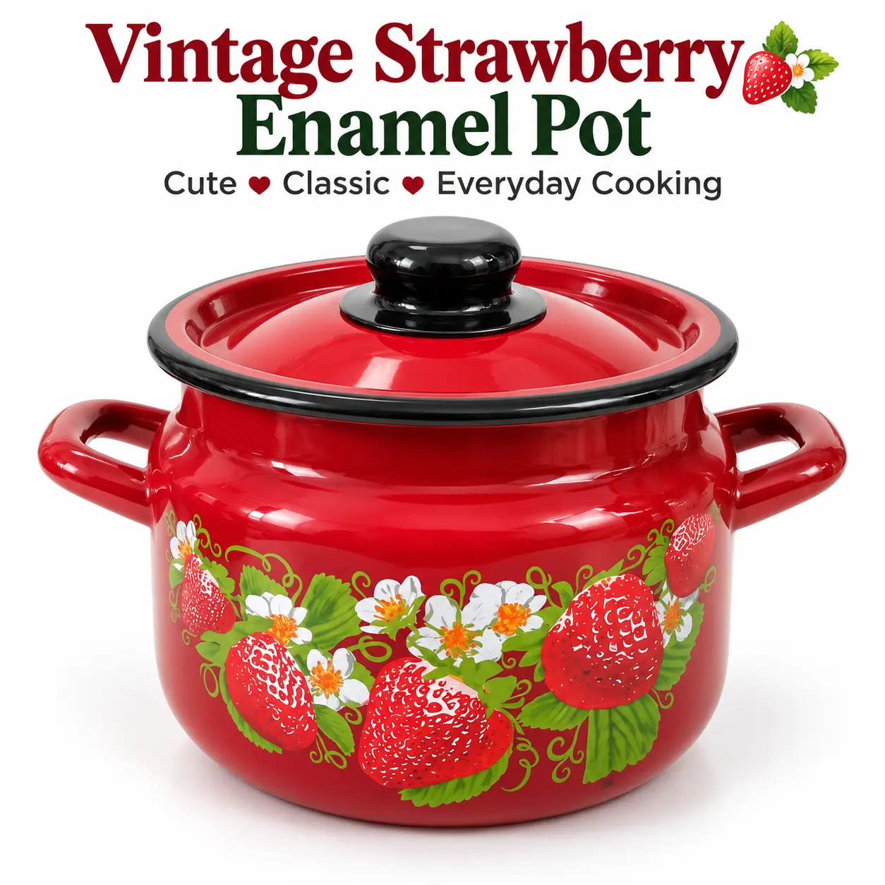 Vintage Strawberry Enamel Cooking Pot with Lid - Red Floral Double-Handle Saucepan, Retro Enamel-Coated Steel Small Cottagecore Cookware, Vintage Funky Kitchen Supplies Pots and Pans for Soup, Sauce,familyfun
