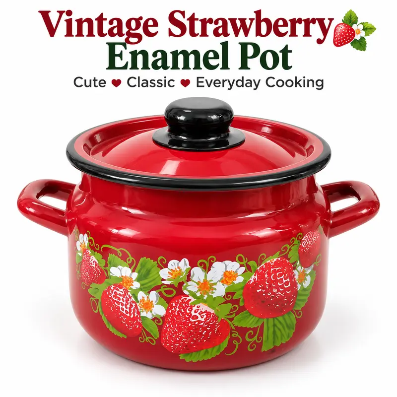 Vintage Strawberry Enamel Cooking Pot with Lid - Red Floral Double-Handle Saucepan, Retro Enamel-Coated Steel Small Cottagecore Cookware, Vintage Funky Kitchen Supplies Pots and Pans for Soup, Sauce