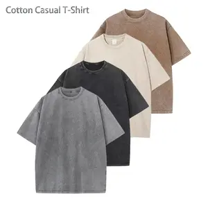 Men’s 4-pack acid-wash cotton T-shirts, loose fit short sleeves, vintage faded style multicolor set, casual street-style summer basic crew neck tops
