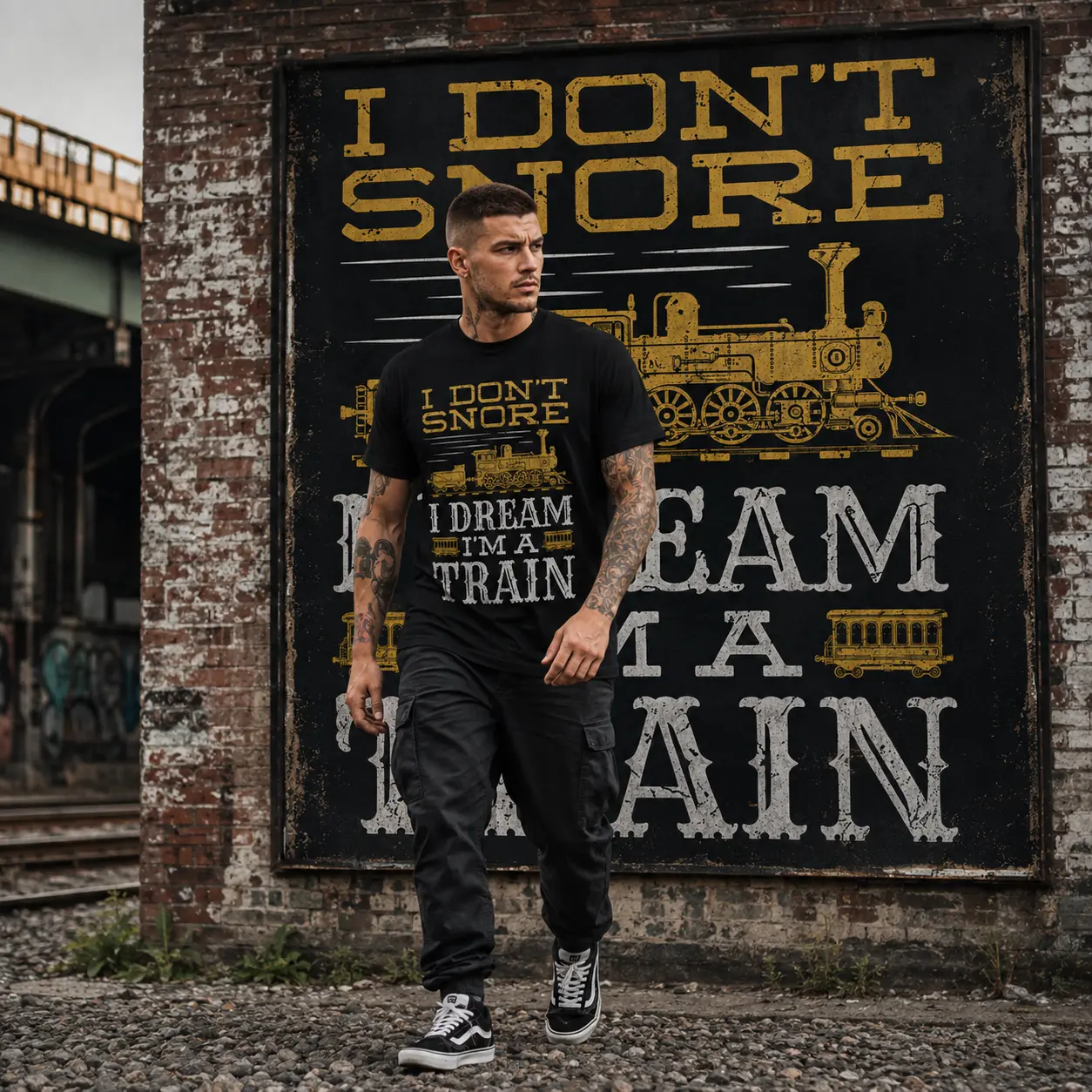 Men’s Funny Train T-Shirt, “I Don’t Snore I Dream I’m a Train” Railroad Graphic Tee, Vintage Locomotive Shirt, Train Lover Humor Top, Black Short Sleeve Crew Neck Casual Gift for Dad Grandpa Husband Clothes Menswear Top Classic Outfits