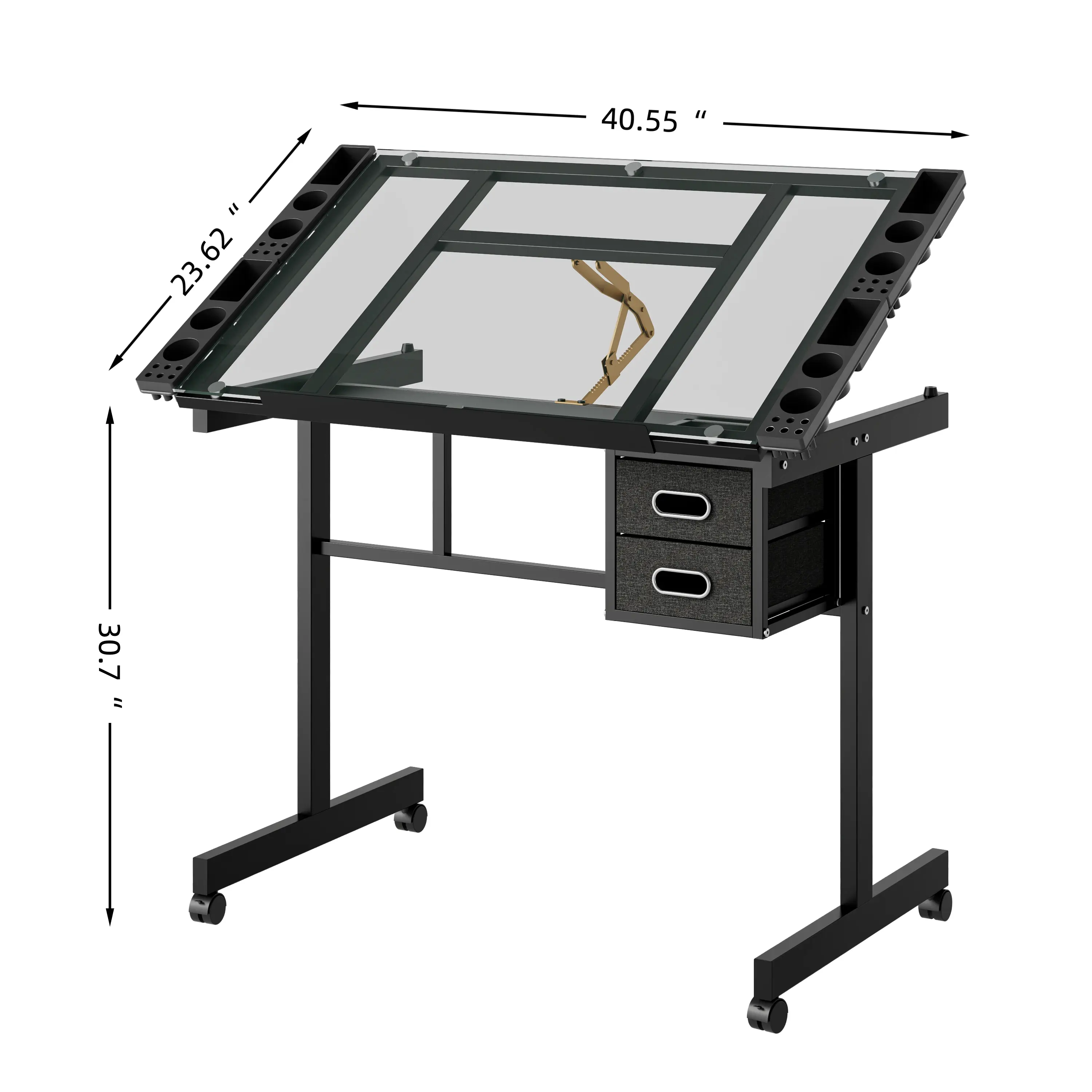 Durable Metal Black Adjustable Glass Top Arts & Crafts Drawing Desk - Crafting Station, Drafting Table with 2 Fabric Drawers, 4 Wheels for Painting