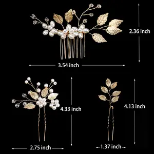 4 Pcs Wedding Headpiece Hair Jewelry Gold Leaf Bridal Hair Pins Crystal Pearl Hair Pins Clips Beauty & Personal Care