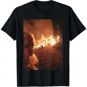 100% Cotton Funny Chaotic Doll Face Mem Selfie Background House on Fire T-Shirt