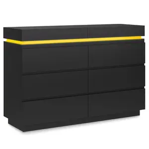Sikaic Wide Dresser with LED Lights 6 Drawers Black
