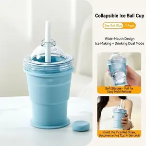 Foldable Ice Ball Cup with Straw Portable Silicone Ice Mold Summer New Design Convenient Handheld Cup Perfect for Outdoor Use BPA-Free Food-Grade Safe Materials Dual-Purpose Design Space-Saving Collapsible Structure - Bottles, Kitchen
