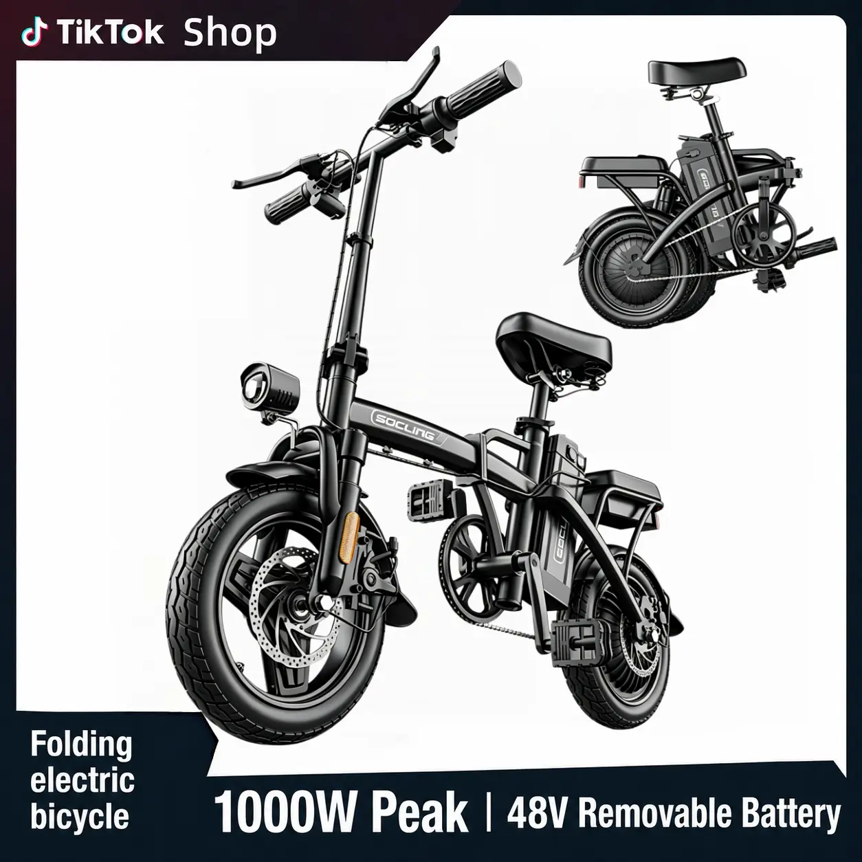 Foldable All-Terrain Adult Electric Bike - 1000W Peak, 20MPH Top Speed, 48V Detachable Battery, LCD Display, Dual Disc Brakes, Long-Lasting Seat, Compact Commuter Bicycle, All Terrain Ebikes Folding with LED Lights, Led Display, Youth, Anti-Explosion,Ant,