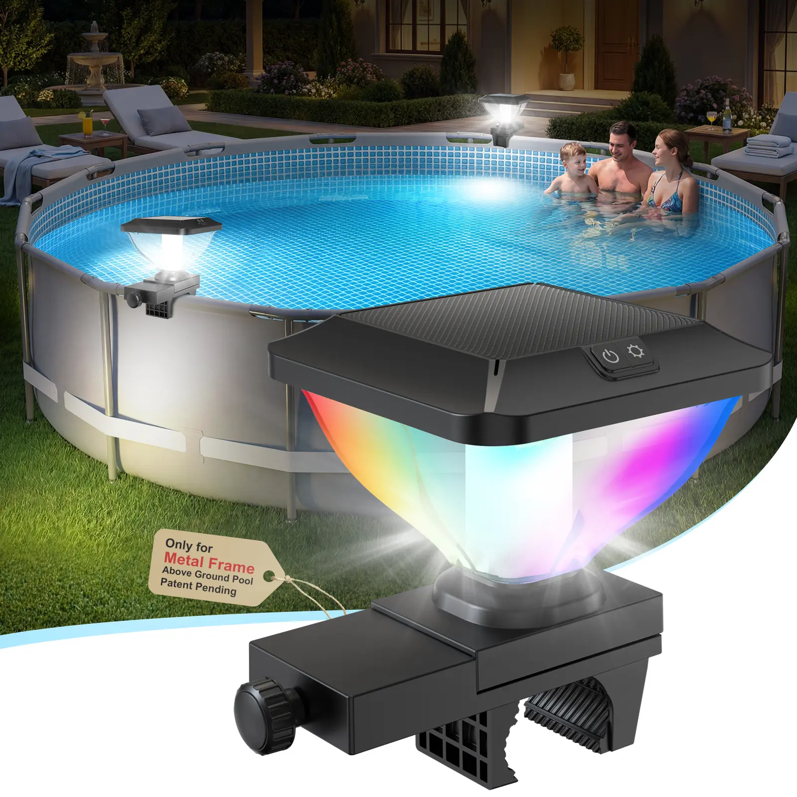 Pooldecor Solar Pool Lights for Above Ground Frame Pools, 7 Static Colors & 4 Dynamic Modes, 5 Hour Auto Off, IP68 Waterproof Outdoor Decoration