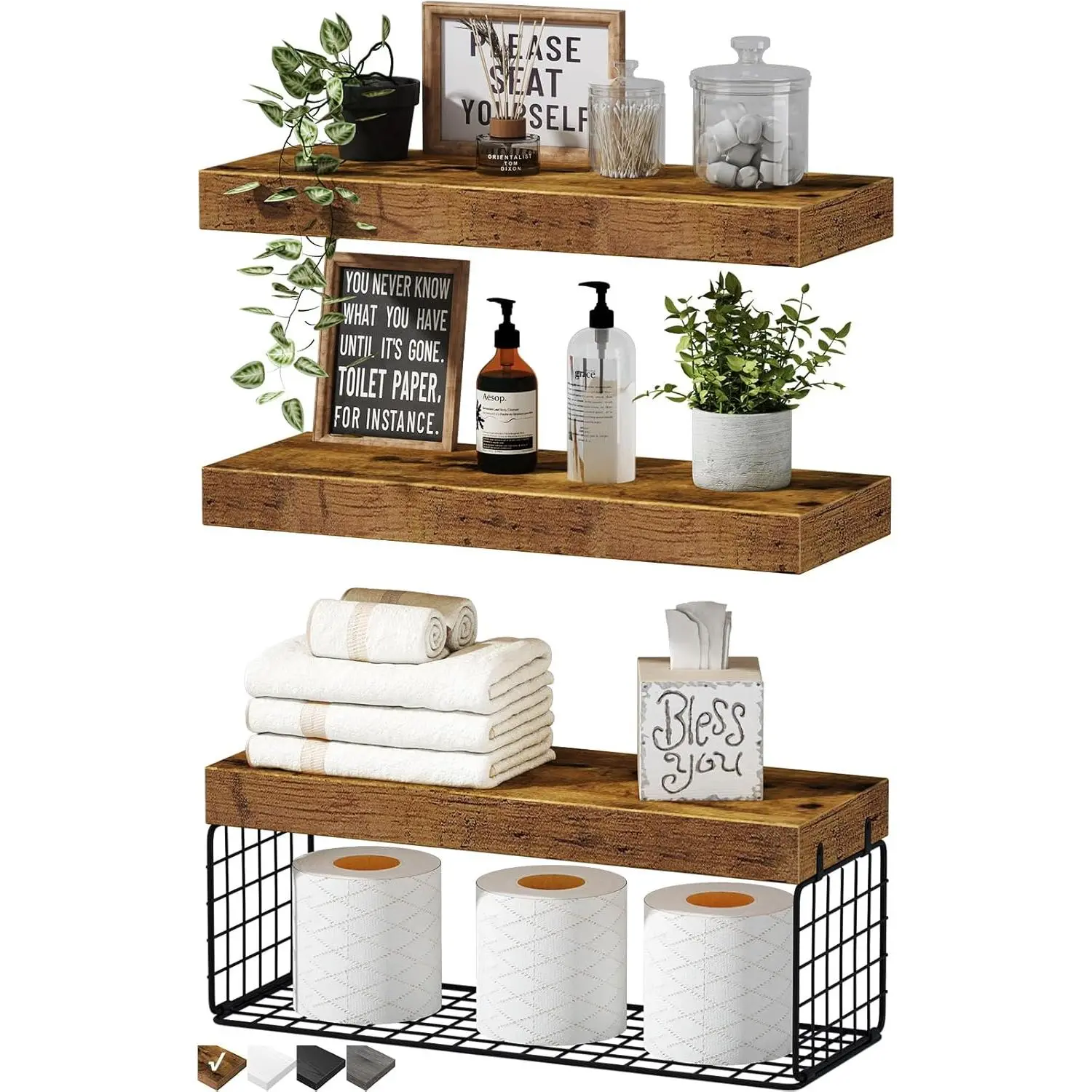 Rustic Brown Engineered Wood Bathroom Over-Toilet Shelves - Wall-Mounted Floating Home Goods, 16in 3-Piece Bathroom Accessories Set with Toilet Paper Storage, Small Farmhouse Decor Basket (019-BN3), Three Pieces