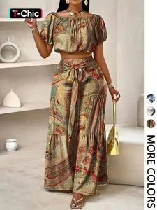 Women's Summer Lightweight Paisley Print Vintage Vacation Two-Piece Matching Set, Off-Shoulder Bubble Sleeve Crop Top + High Waist Smocked Tie Waist Wide Leg Pants