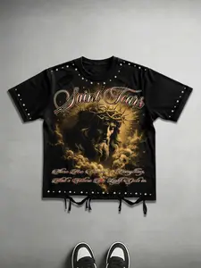 Dark Jesus Print Ripped Hole Design Trendy Vintage Streetwear Short Sleeve T-Shirt, Casual Fitted Long Clothing for All Seasons