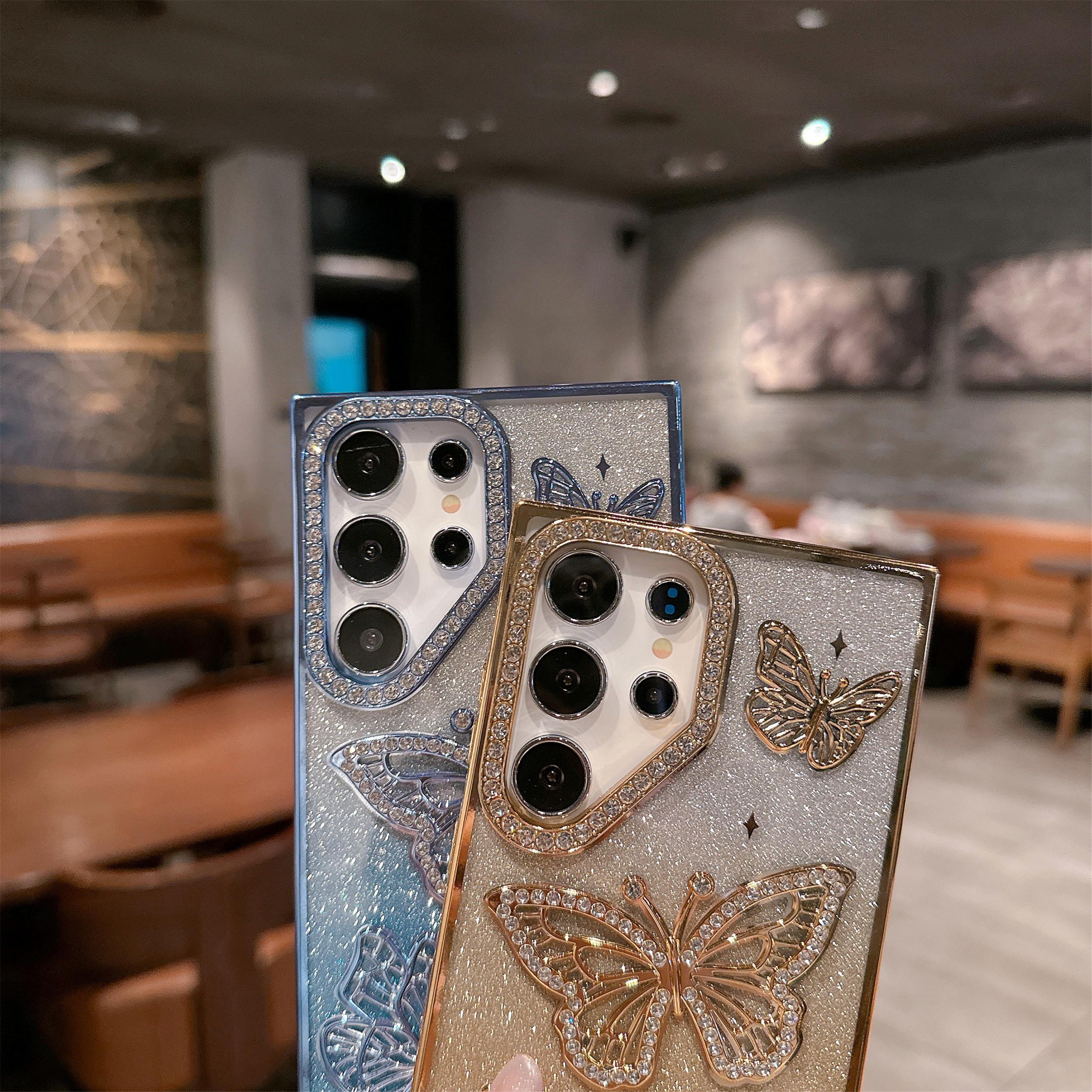 3D Inlaid Rhinestone Butterfly Phone Case – Compatible with iPhone 17/16/15/14/13/12 | Gradient Glitter Electroplated Finish, Transparent Full-Cover Soft Silicone, 3D Inlaid Rhinestone Protective Case