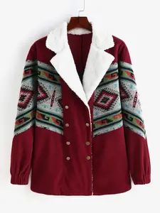Rgothic Plus Size Ethnic Jacquard Combo Corduroy Faux Shearling Jacket with Geometric Pattern Turn-down Collar Double Breasted Wide-waisted Long Sleeves Winter Polyester