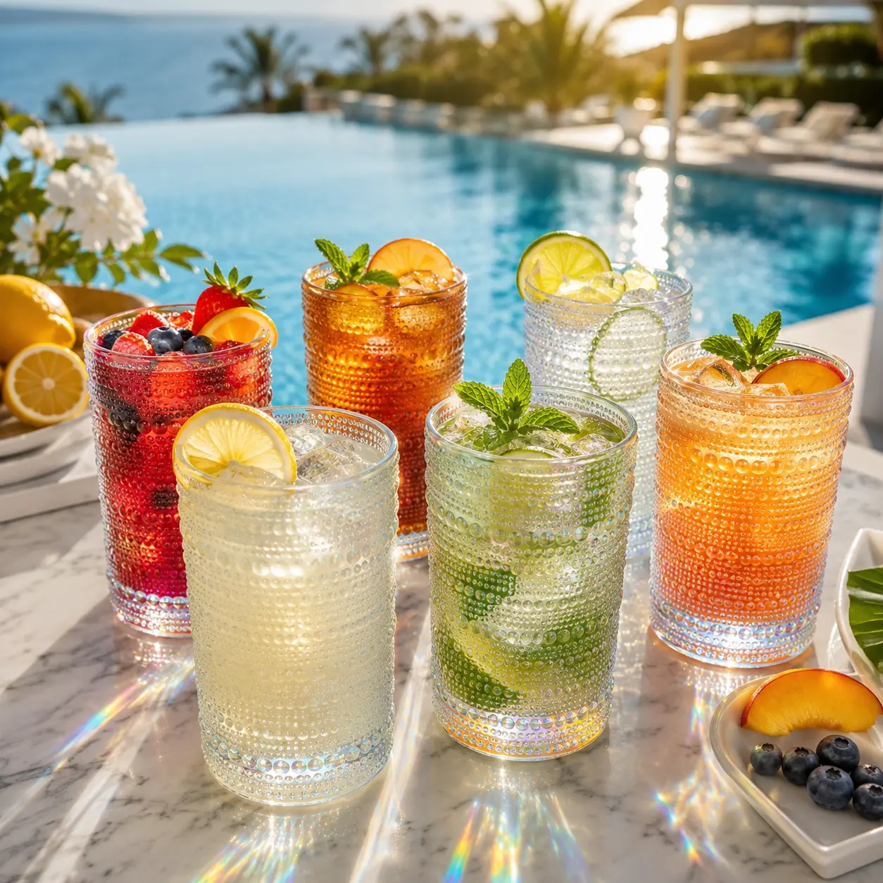 Hobnail Beaded Highball Drinking Tumbler Glasses | Set of 6 | Iridescent Pearl Vintage Bubble Design Glassware, Old-Fashioned, Embossed Design, Water, Wine, Cocktail Embossed Heavy Glass, Rocks Glass