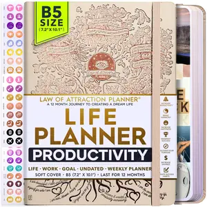 Law of Attraction Planner B5 Size Undated Hourly Weekly & Monthly Goal Setting 12-Month Productivity Life Gratitude Journal Foldable Vision Board Gift Box Stickers