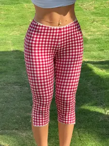Women's Gingham Capri Pants, High-Waisted Slim Fit, Lace Trim & Side Slit, Stretchy Fabric, For Casual Daily, Y2K Streetwear, Summer OOTD Fashion Essential, Casual Lounge Pant