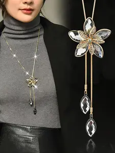 Fashion Crystal Five-Leaf Flower Pendant Sweater Chain Horse Eye Long Necklace, Elegant Artificial Crystal Jewelry for Women