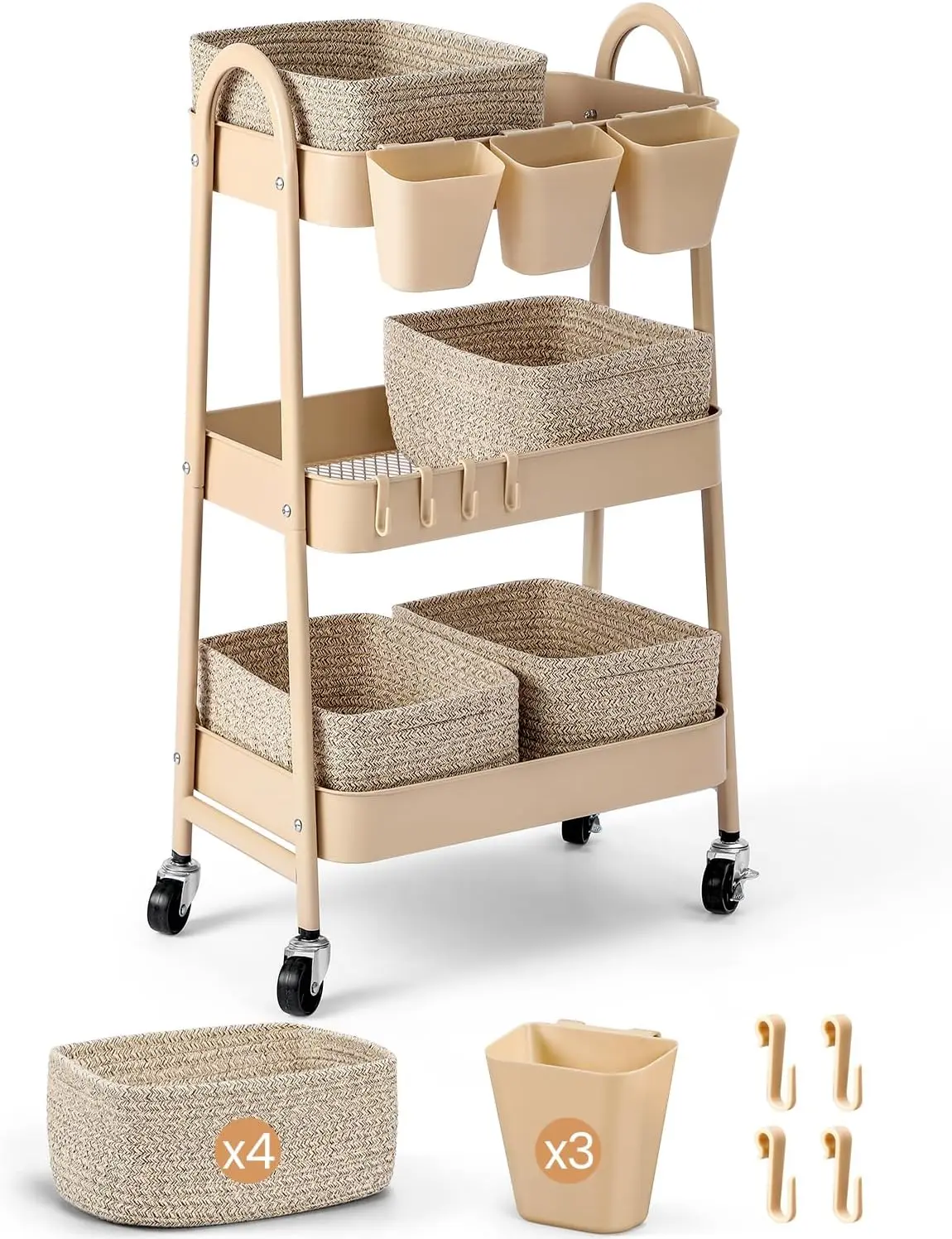 3-Tier Rolling Utility Cart with 4 Woven Baskets, Diaper Book Snack Cart, Storage Organizer for Nursery, Kitchen, Craft Room, Home SPA, Living Room, Metal Frame Trolley on Lockable Wheels, Brown